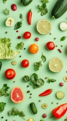 Vibrant flat lay of fresh fruits and vegetables on a green background.