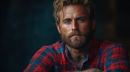 Fototapeta premium Portrait of a Man with a Thoughtful Expression Wearing a Red Plaid Shirt and Sporting a Beard Captured in Low Light Environment with a Dark Blue Background