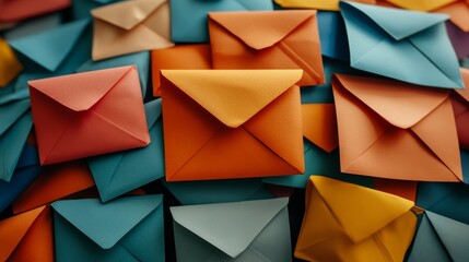 Fototapeta premium Stacked Colorful Envelopes in Various Sizes and Colors Arranged on a Flat Surface Showcasing a Vibrant Stationery Collection