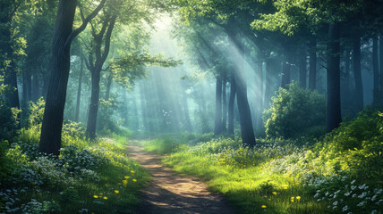 Obraz premium Magical Forest Path with Sunbeams Breaking Through Trees in Misty Morning Light Scene
