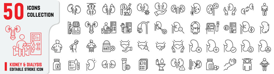 Kidney and Dialysis editable stroke icons, Kidney icons includes stone, gallbladder stone, Dialysis Machine