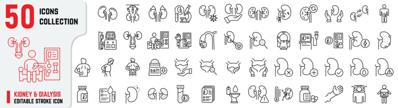 Kidney and Dialysis editable stroke icons, Kidney icons includes stone, gallbladder stone, Dialysis Machine