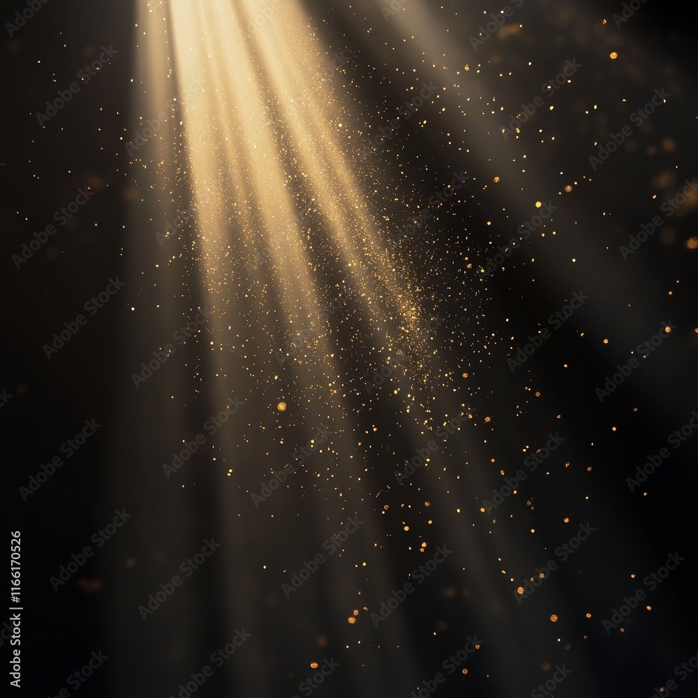 Poster light rays illuminate floating particles in a dark environment, creating a mystical and enchanting a