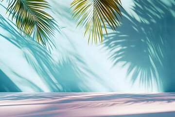 Fototapeta premium stock photo features a minimalist, generative concept with palm leaves casting shadows on a blue wall and pastel floor, creating a summer tropical beach background in an empty room ideal for product p