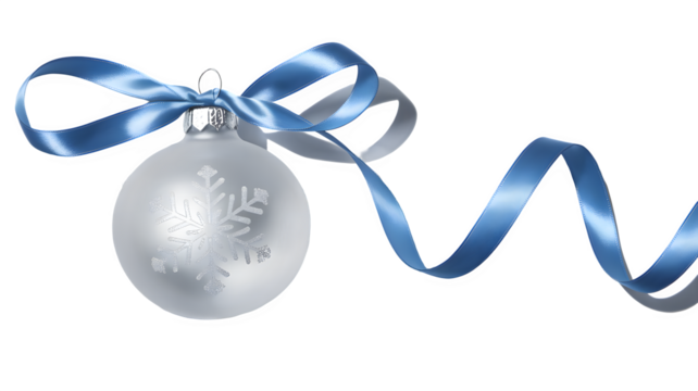 Silver Christmas ball with ribbon, light blue Christmas ball with ribbon on a white background PNG