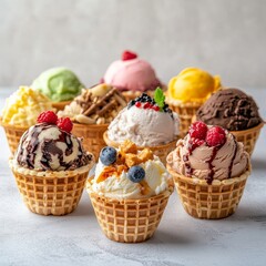 Delightful Assortment of Colorful Ice Cream Scoops in Waffle Cones Arranged on a Neutral Background Showcasing Summer Treats for All Ages