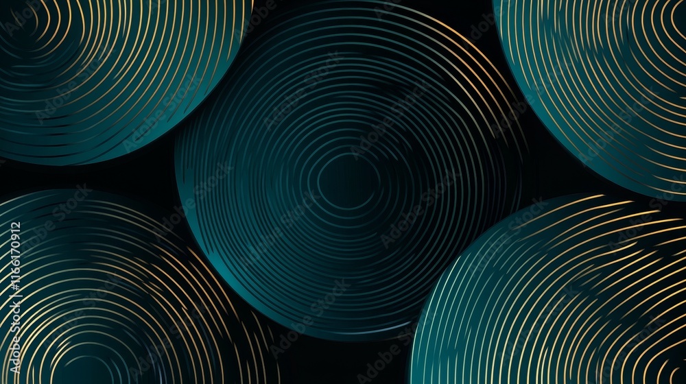 Poster abstract circular patterns with gold lines on a dark background create a captivating visual experien