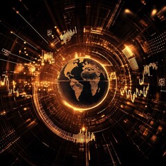 Fototapeta premium Visual Representation of Global Connections and Data Analytics in a Digital Landscape With a Golden Earth at the Center