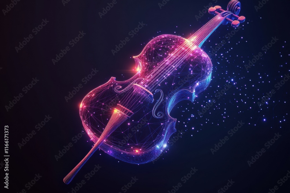 Aufkleber a glowing violin is illustrated in three dimensions, floating amid a dark background with sparkling 