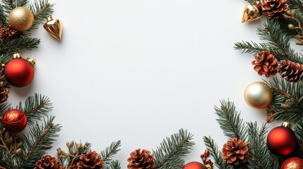 Fototapeta premium Decorative Christmas Wreath Featuring Red and Gold Ornaments With Pine Cones and Evergreen Branches on a White Background