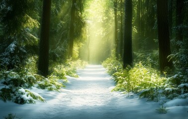 Obraz premium Sunlight Filters Through a Snowy Forest Path Creating a Tranquil Atmosphere in Winter
