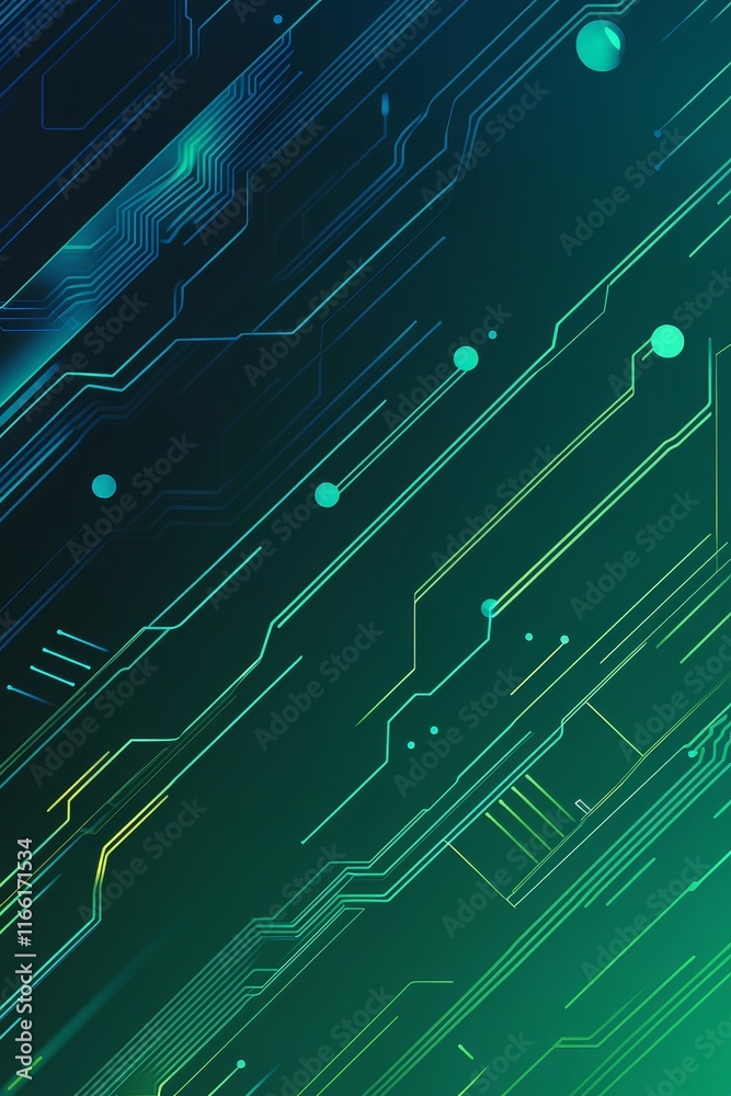 Poster abstract blue and green circuit design featuring modern technology elements with glowing lines and d