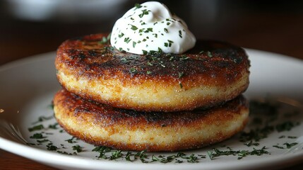 Two golden potato pancakes topped with sour cream and parsley.