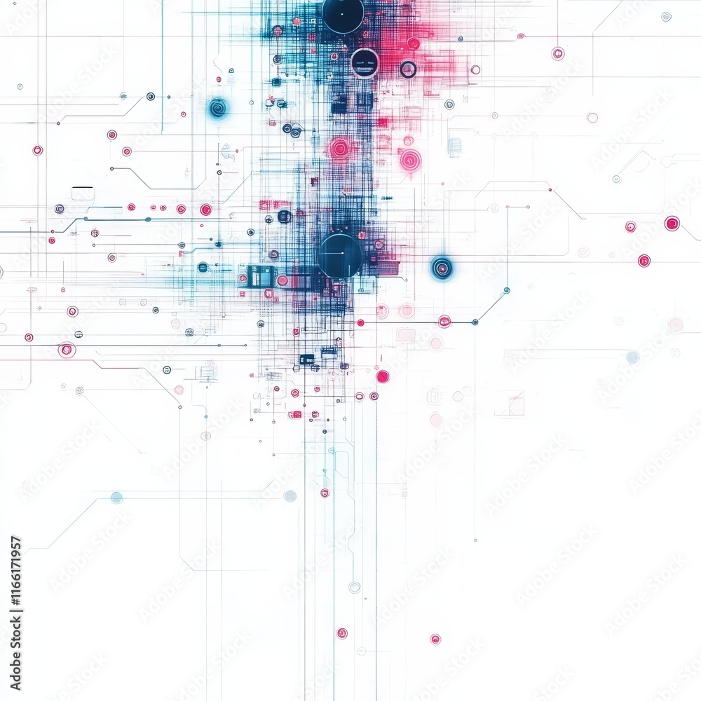 Poster digital abstract with vibrant blue and red patterns representing technology and connectivity in a mo
