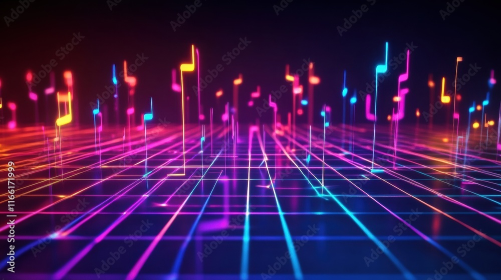 Poster Vibrant 3D music visualization with glowing notes and grid patterns in a dark environment. Generative AI