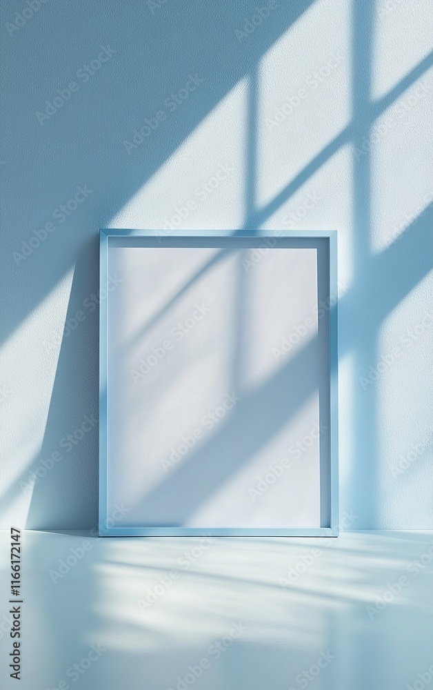 Poster serenity in a minimalist space with soft blue shadows and an empty frame inviting creativity