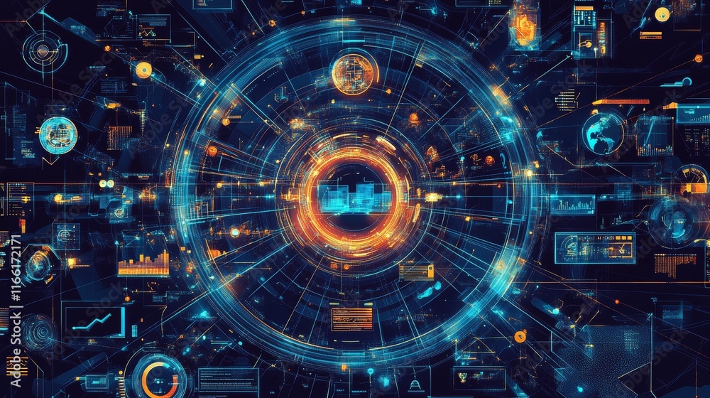 Aufkleber Dynamic Digital Interface Showcasing Advanced Technology Concepts and Data Visualization in a Futuristic Environment
