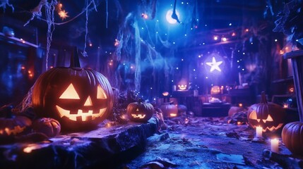Obraz premium Spooky Halloween Setting Featuring Carved Pumpkins, Autumn Leaves, and Eerie Lighting in a Dimly Lit Indoor Space Decorated for the Holiday