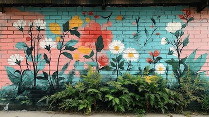 Colorful floral graffiti mural on brick wall. Plants, flowers painted in vibrant colors like pink, blue, yellow. Design features nature theme. Modern style urban art. Stylish street wall art.