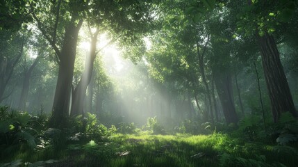 Obraz premium Sunlight Filters Through Dense Trees in a Tranquil Forest Filled With Lush Greenery and Soft Grasses During a Peaceful Morning
