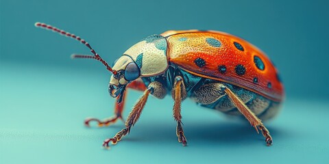 Fototapeta premium Detailed close-up photograph of a vibrant orange and black-spotted ladybug on a smooth blue surface, showcasing the intricate patterns and textures of the insect in sharp focus and vivid colors.