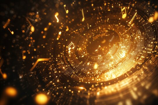 Captivating 3D swirling music notes illuminated by golden light against a dark background. Generative AI