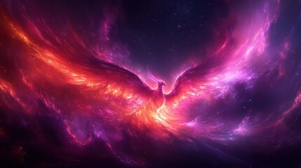 Obraz premium Fiery phoenix rising from cosmic nebula, vibrant red and purple hues.