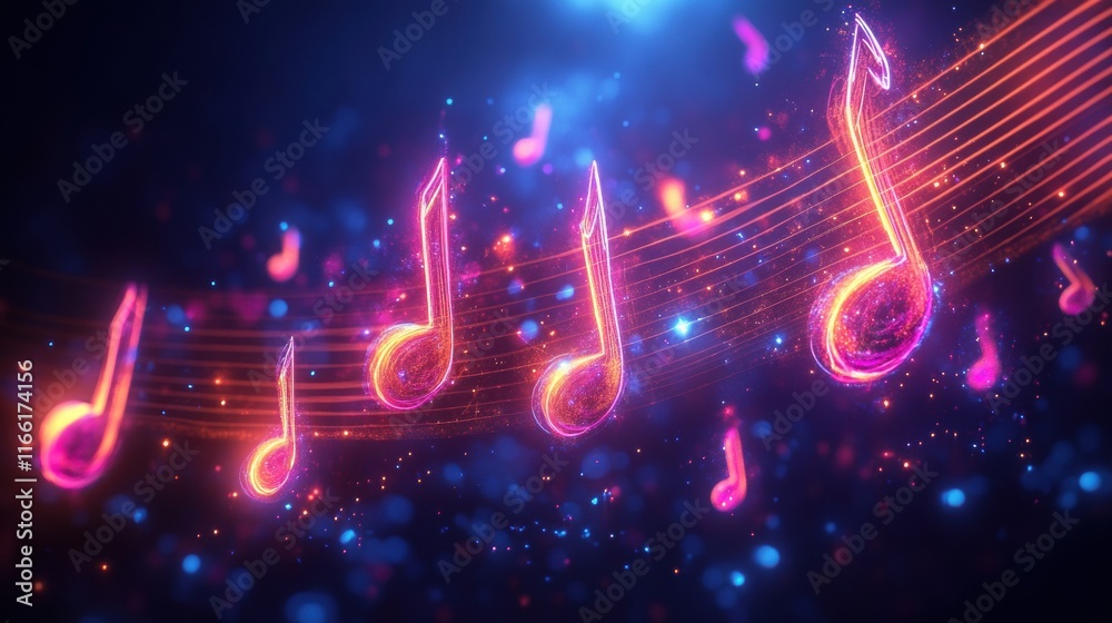 Aufkleber 3D flowing musical staff lines illuminated with glowing neon tones creating an enchanting visual rhythm. Generative AI
