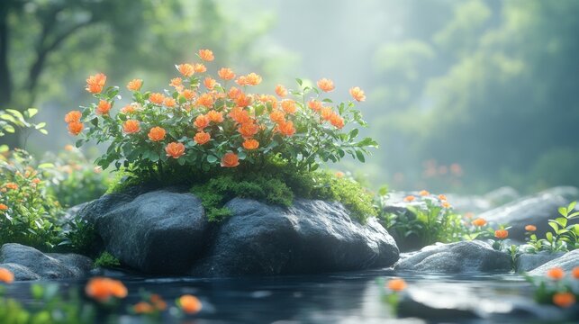 Tranquil rock garden with vibrant orange flowers