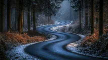 Winding road through snowy winter forest. (1)