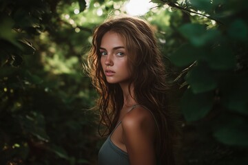 Naklejka premium A young woman stands gracefully among lush greenery, embodying a captivating sense of mystery and beauty.