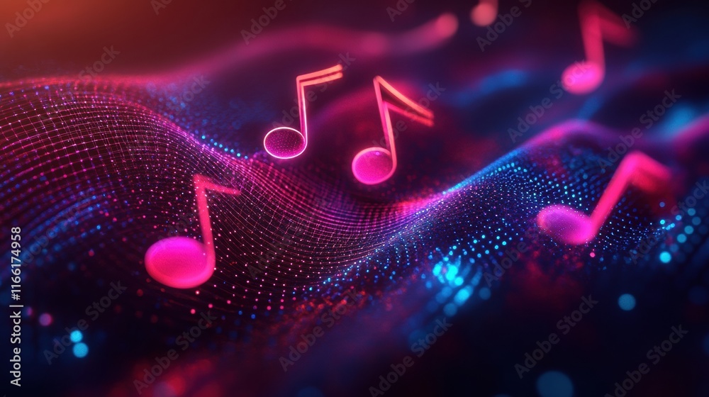 Poster Vibrant 3D music notes flowing through colorful waves at night in an abstract digital landscape. Generative AI