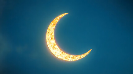 A serene crescent moon glowing brightly against a soft, solid blue background, symbolizing the start of Ramadan