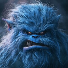 Naklejka premium Blue Creature With Intense Gaze and Wild Fur in a Dark, Mist-Filled Environment During Night Time