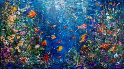 A vibrant underwater scene filled with colorful fish and aquatic plants.