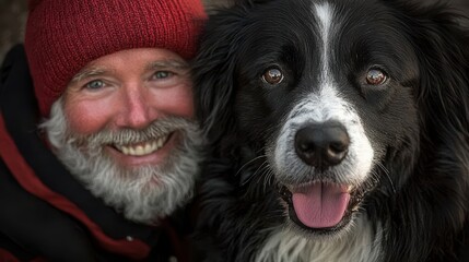 A joyful outdoor moment captured between an elderly man with a warm smile and his happy black and white dog, showcasing companionship and joy.