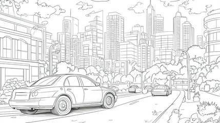 Coloring page, cars speeding down the street of a modern city