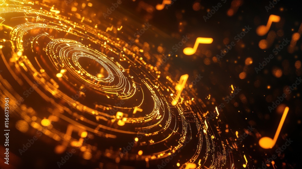 Poster exploring the beauty of 3d music notes in a glowing golden abstract design. generative ai
