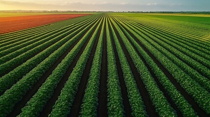 Crop rotation in action. Rich green fields show alternating crops. Rows of plants in parallel lines show healthy growth. Eco-friendly agricultural practice restores soil nutrients, enhances soil