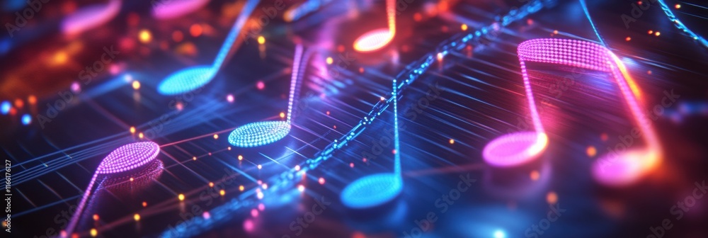 Aufkleber colorful 3d music notes glowing in a vibrant digital landscape with sparkling lights and rhythms. ge