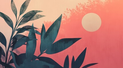 Sunset Illuminates Leaves Against a Pastel Sky With Hues of Pink and Orange Near a Tranquil Horizon During Twilight Hours