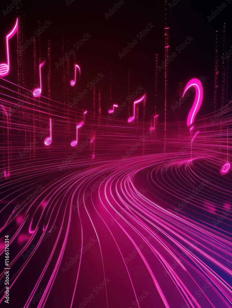 Poster Flowing musical staff lines create a vibrant atmosphere with glowing neon tones and dynamic shapes. Generative AI