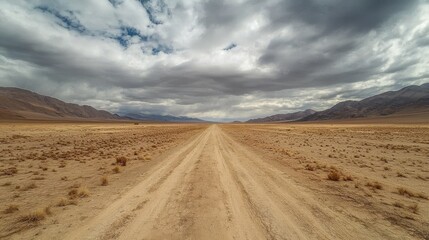 Desert Road Stretching Into the Distance Beneath a Cloudy Sky in a Remote Mountainous Region During Daylight