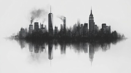 Obraz premium Monochromatic cityscape skyline reflected in water with smoke.