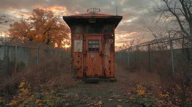 An abandoned, weathered, orange guard shack stands alone and forgotten, surrounded by a chain-link fence and autumn foliage at sunset