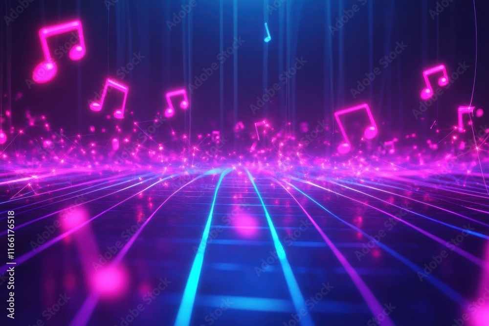 Aufkleber colorful 3d music visualization with glowing notes and vibrant lights creating a dynamic atmosphere.