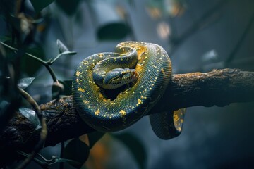 painting-A slithering python coiled on a branch, its scales gleaming against a moody gray backdrop 