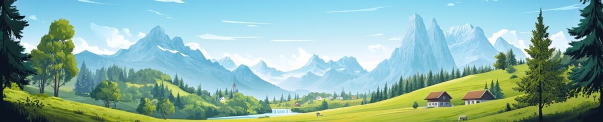 Fototapeta premium Majestic Mountains and Serene Valleys Under a Clear Sky With Rustic Houses in a Picturesque Landscape Setting