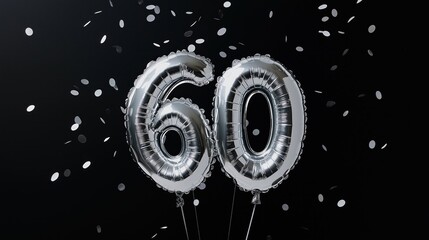 Silver balloons shaped as number sixty on black background. Confetti scattered around balloons. Celebration of 60th birthday anniversary. Image suitable for invitations cards for festive, happy