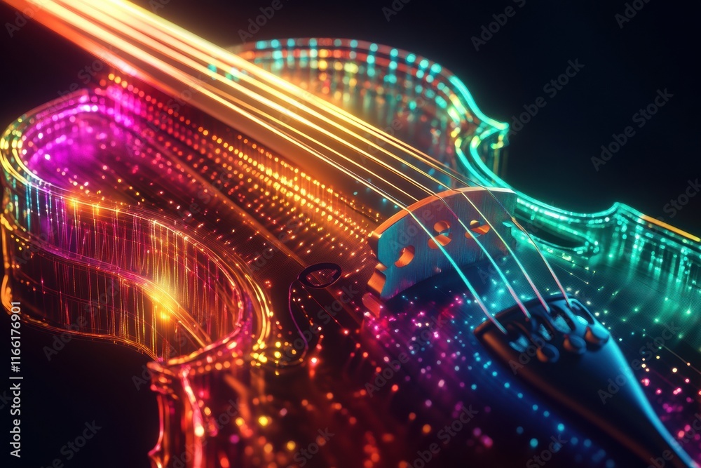 Aufkleber 3D representation of a glowing violin with vibrant light trails in a dark setting showcasing musical creativity. Generative AI